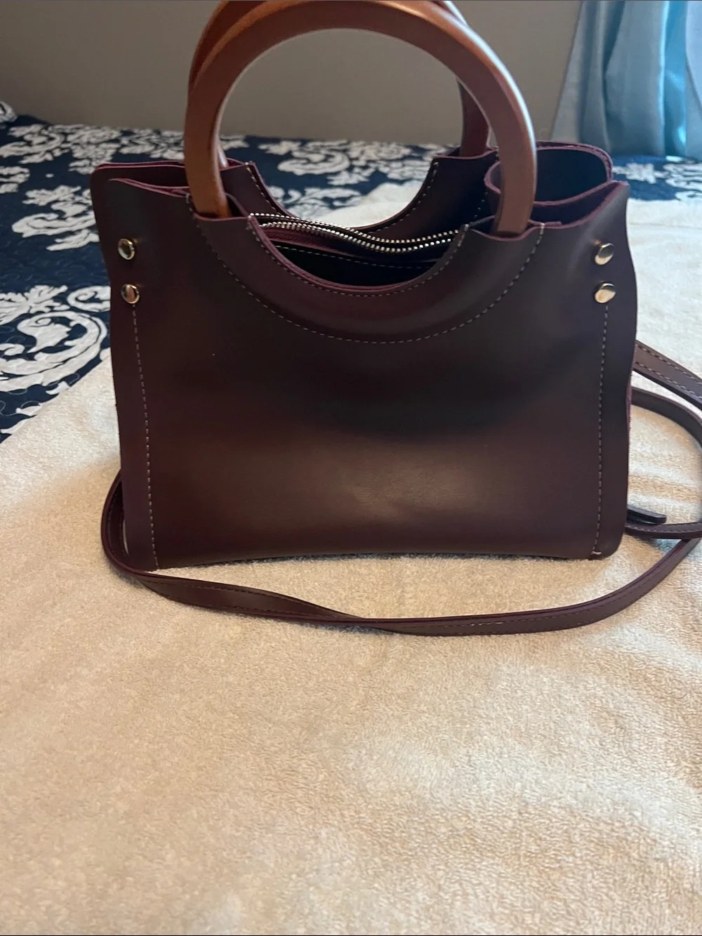 Laura Ashley Dark Brown Leather Satchel with Wooden Circle Handles